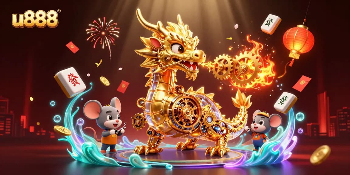 Experience thrilling wins at u888 with a vibrant scene of a dragon and gold elements capturing excitement.