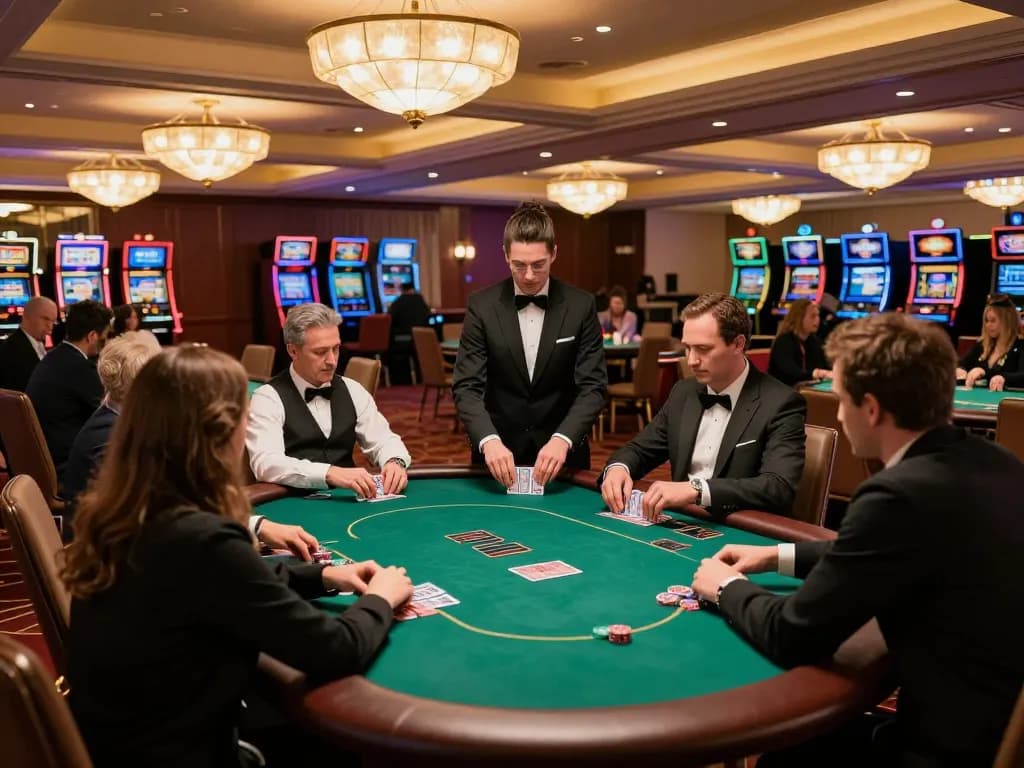 Players enjoying high-stakes poker at N188 com, vibrant casino atmosphere, luxurious setting.