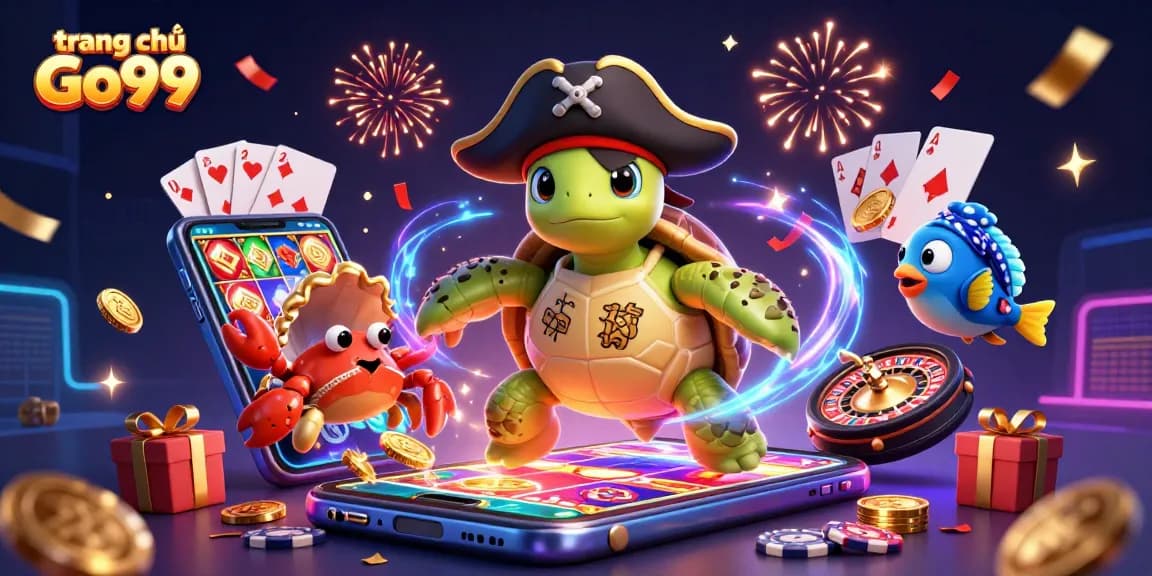 Experience the excitement at trang chủ Go99 with vibrant characters and casino games in a 3D illustration.