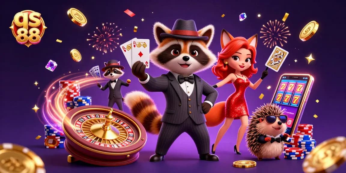 Experience thrilling moments at qs 88 with our charming raccoon, fox, and hedgehog in a rich casino scene.
