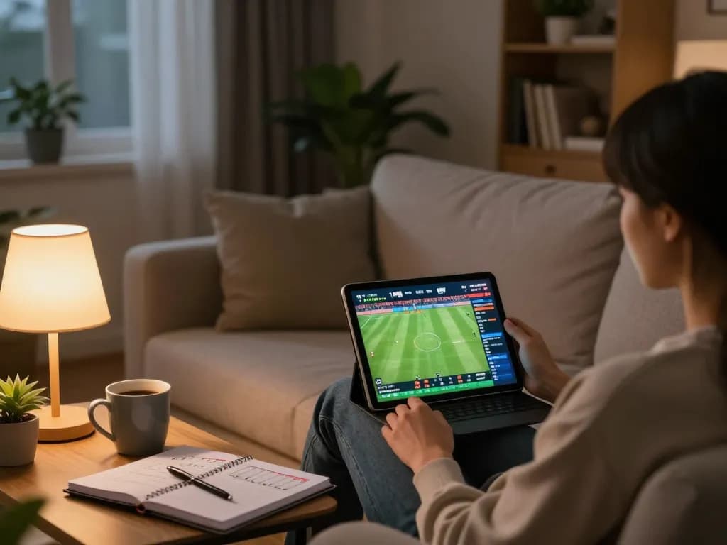 Person using tablet to xem trực tiếp bóng đá in a cozy home setting, illuminated by warm light.