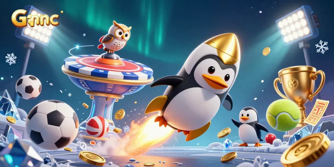 Win at Gmnc with a dynamic scene showcasing gambling excitement and a golden penguin
