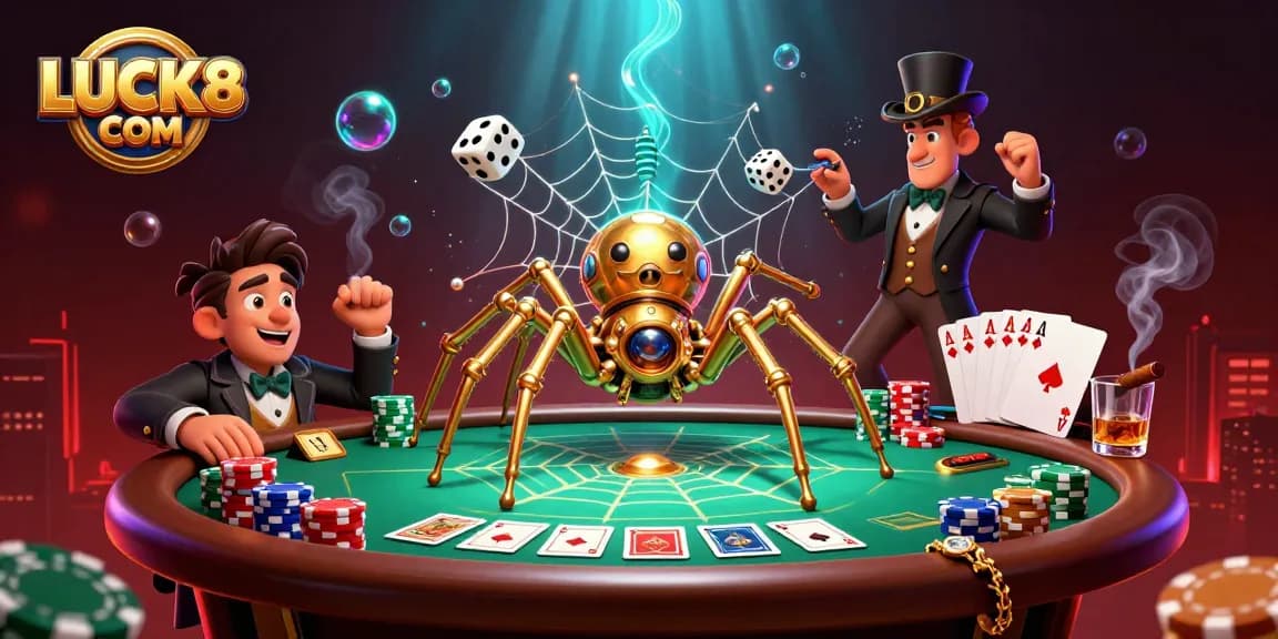 Spin to win at LUCK8 COM with stunning visuals of a steampunk casino scene featuring poker elements.