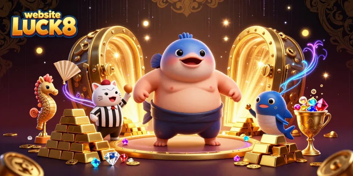 Engage with website LUCK8's thrilling underwater casino scene featuring a puffed-up fugu referee and treasure elements.