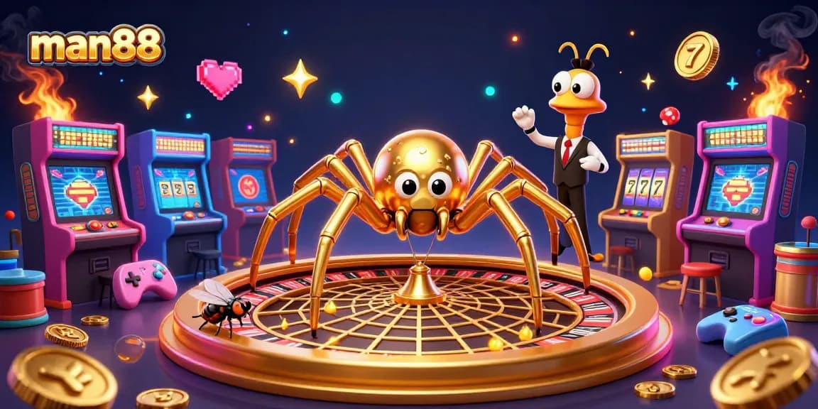 Experience thrilling bets at man88 with a golden spider and centipede croupier in a vibrant casino scene.