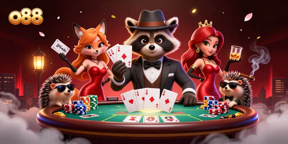 Experience thrilling gameplay at o88 casino with a cartoon raccoon and friends at the poker table.