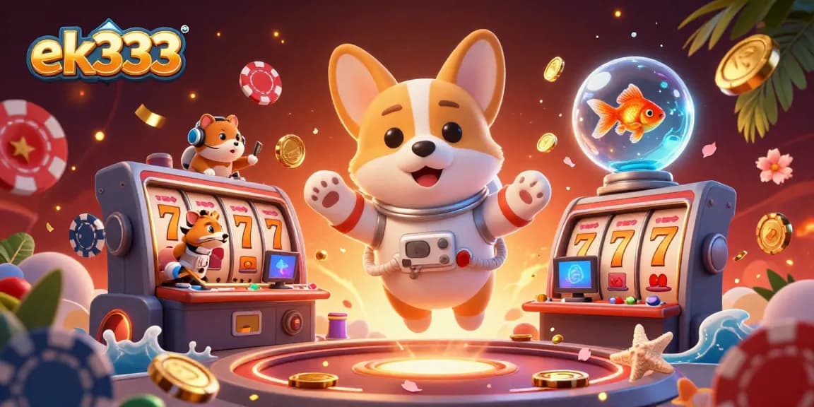 Play exciting slot games on ek333 showcasing a thrilling 3D cartoon casino scene.
