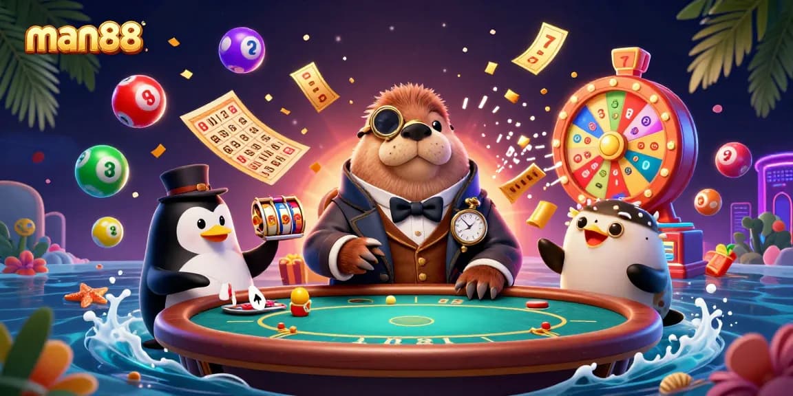 Experience man88's exciting gaming scene featuring a jolly walrus, a penguin dealer, and a bluffing pufferfish in a vibrant casino