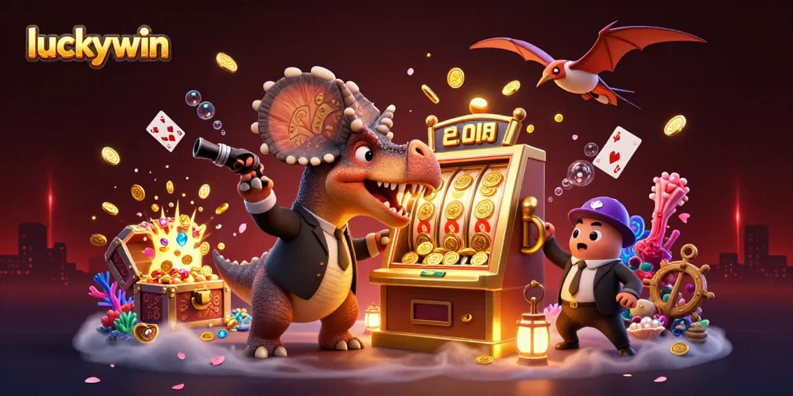 Experience the excitement of luckywin as a pachycephalosaurus wins jackpot coins in a vibrant casino scene.