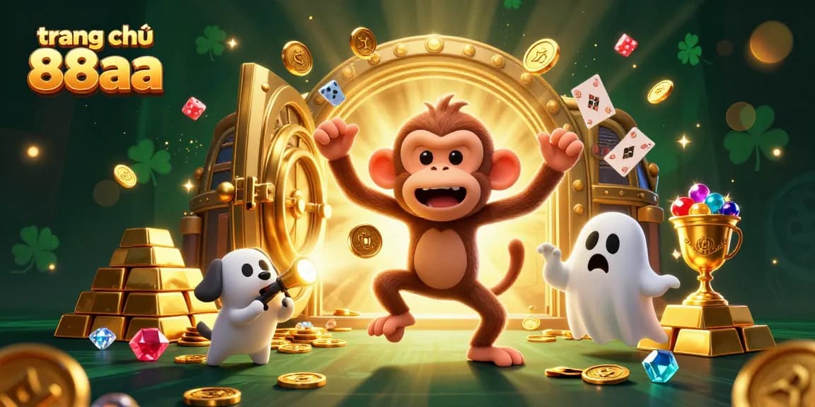Win big at trang chủ 88aa with a dynamic scene of a poltergeist monkey and ghost-hunter puppy exploring a haunted casino.
