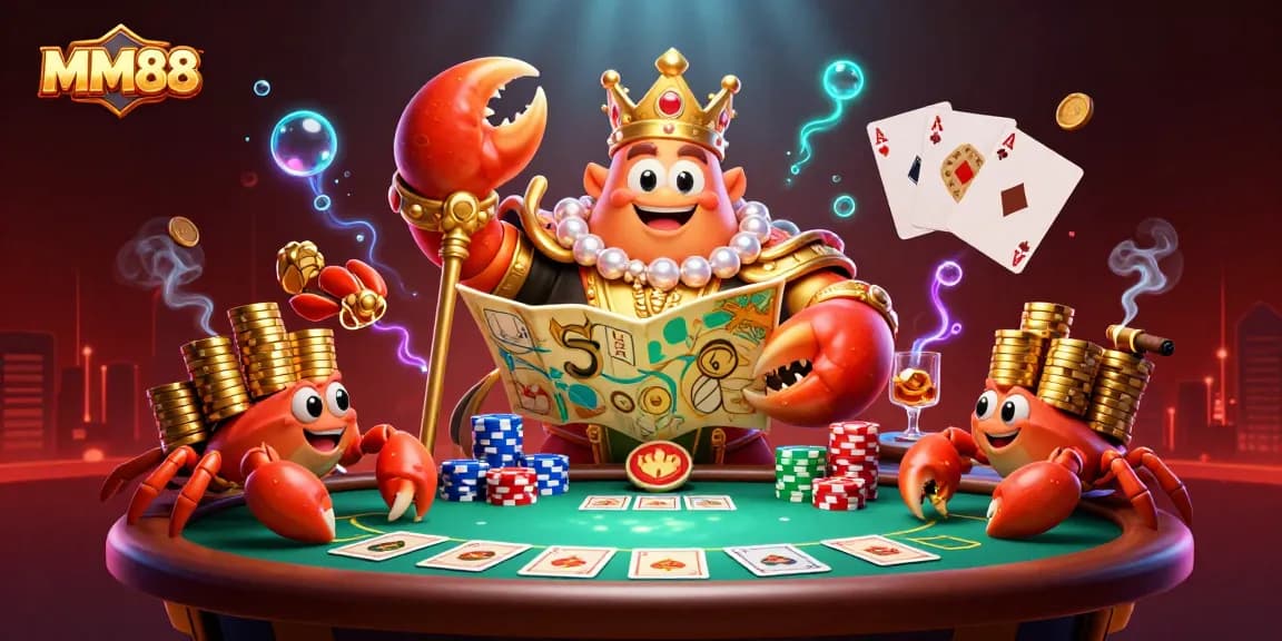 Join the MM88 adventure with a golden crab emperor amid vibrant casino treasures.
