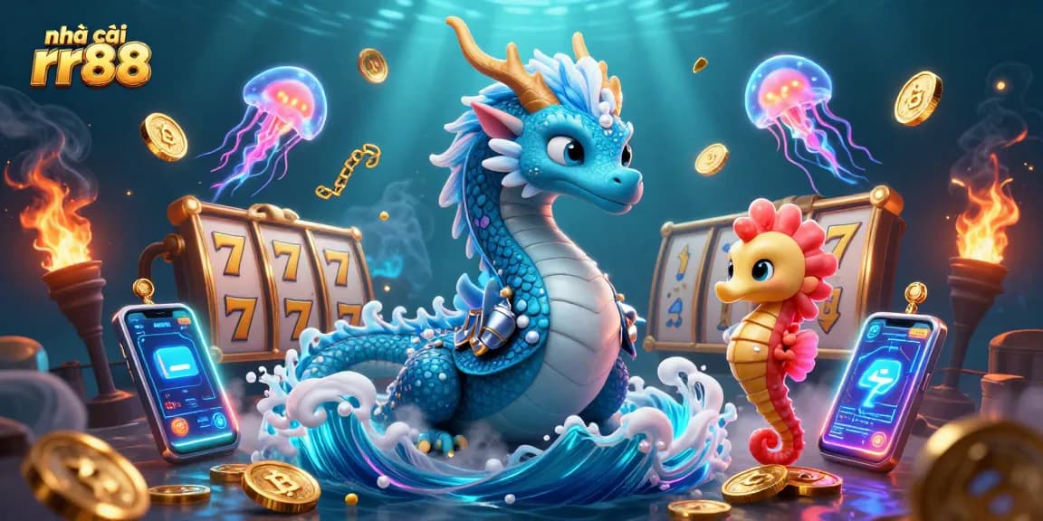 Engage with nhà cái rr88 through vibrant slot games featuring a majestic dragon and playful seahorse.