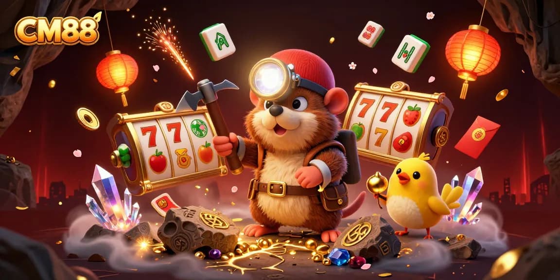Experience thrilling wins at CM88 with our vibrant treasure hunter scene filled with slot reel excitement.