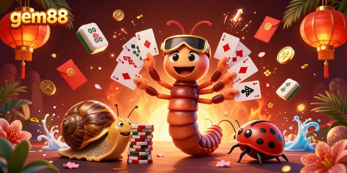 Spin to win with gem88 by a whimsical millipede dealer at a vibrant casino table.