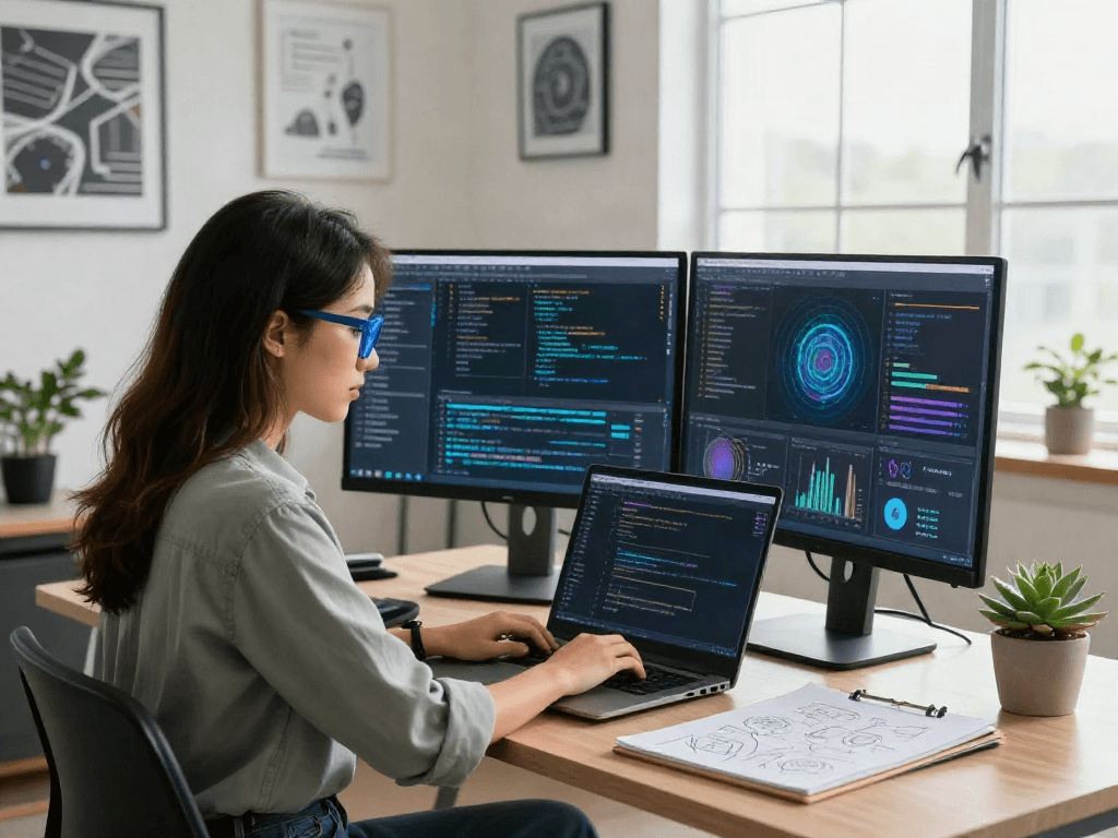 Developer coding on laptop in modern office space with AI models showcased, representing 18+ ai.