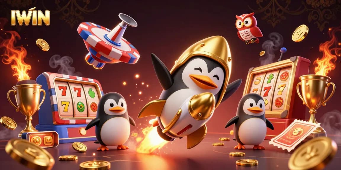 IWIN casino experience featuring golden penguin and vibrant slot reels amidst a cosmic backdrop