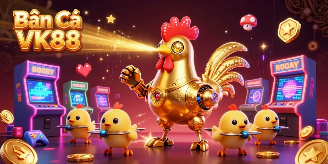 Bắn Cá VK88 unleashes excitement as a golden rooster robot and chick drones create a vibrant underwater scene.