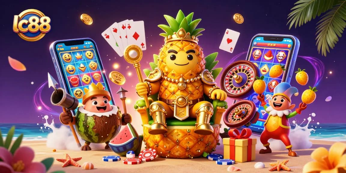 Experience the vibrant casino action at lc88 with a lively 3D colorful illustration depicting a golden pineapple king amidst thrilling gaming elements.