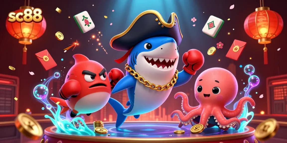 Experience the thrilling world of sc88 with a vibrant 3D cartoon illustration of casino fun featuring a shark and friends.