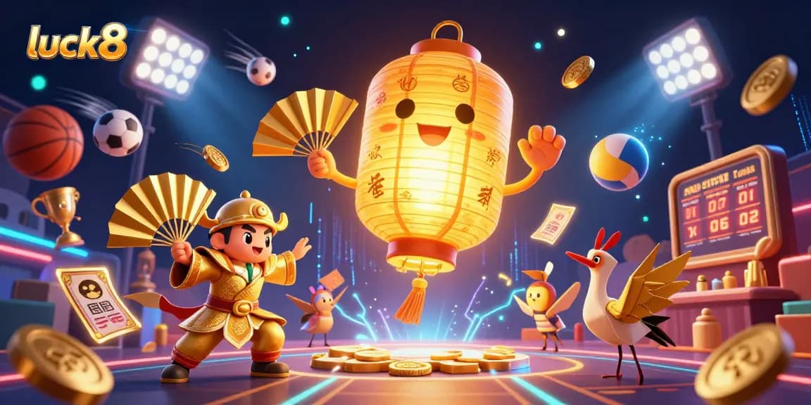 Gameplay at luck8 showcases an engaging night market casino environment with floating characters and vivid sports elements.