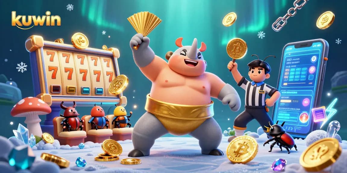 Kuwin offers a thrilling jackpot experience with a 3D rhinoceros beetle champion amidst golden coins and slot reels.