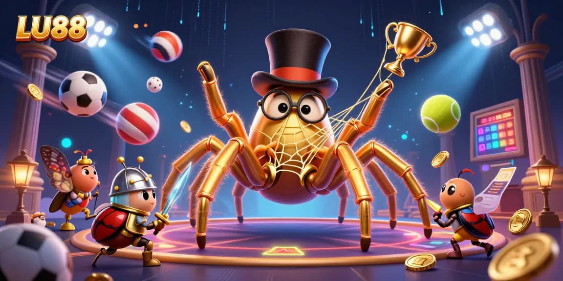 Bet on LU88 with excitement, as a golden tarantula and beetle knight come to life amidst dynamic gambling symbols.