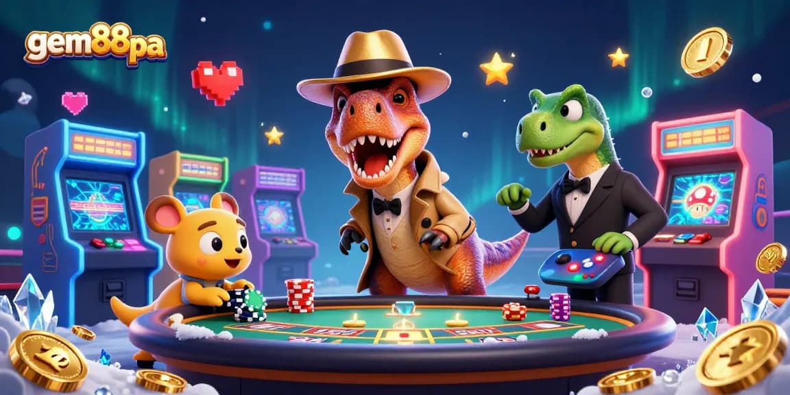 Experience the thrill of gem88pa with a thrilling velociraptor at the blackjack table, amidst captivating casino elements.