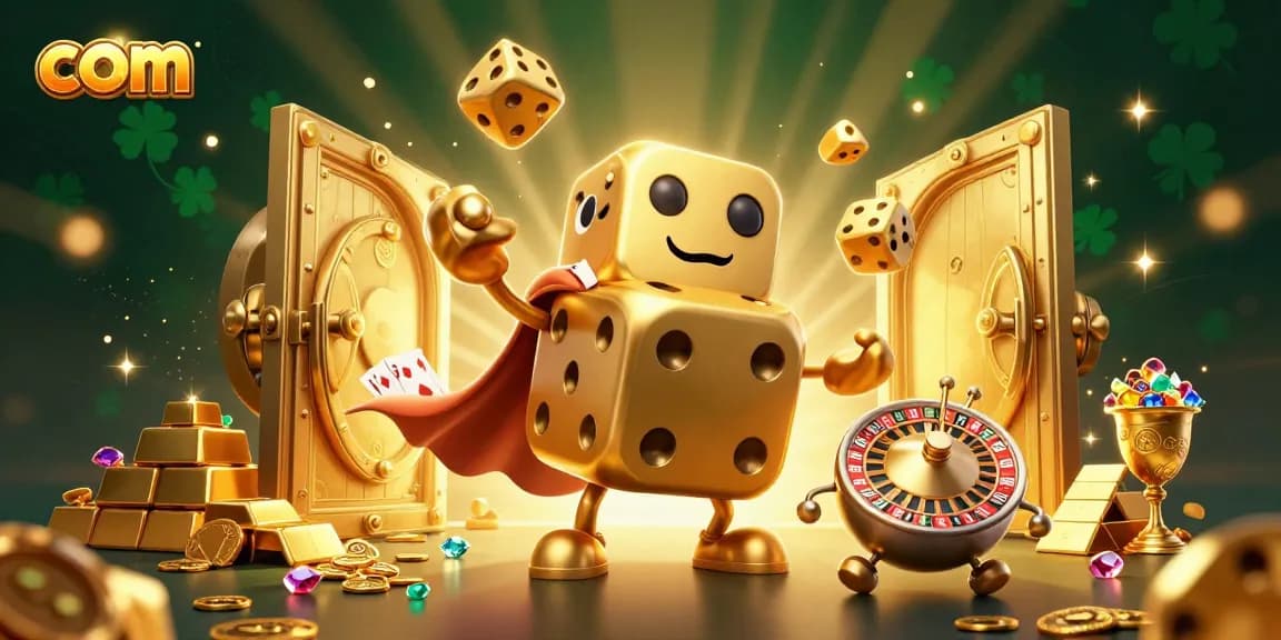 Place your bets with com as a giant golden dice golem juggles winnings in this vibrant casino scene.
