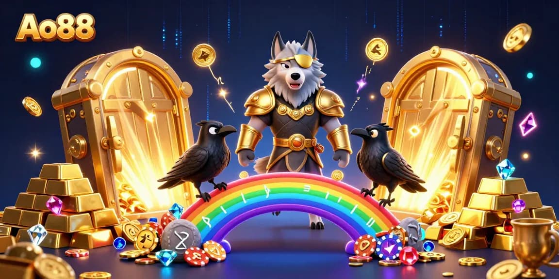 Ao88 introduces a vibrant 3D casino scene featuring Odin, ravens, and treasure vaults.