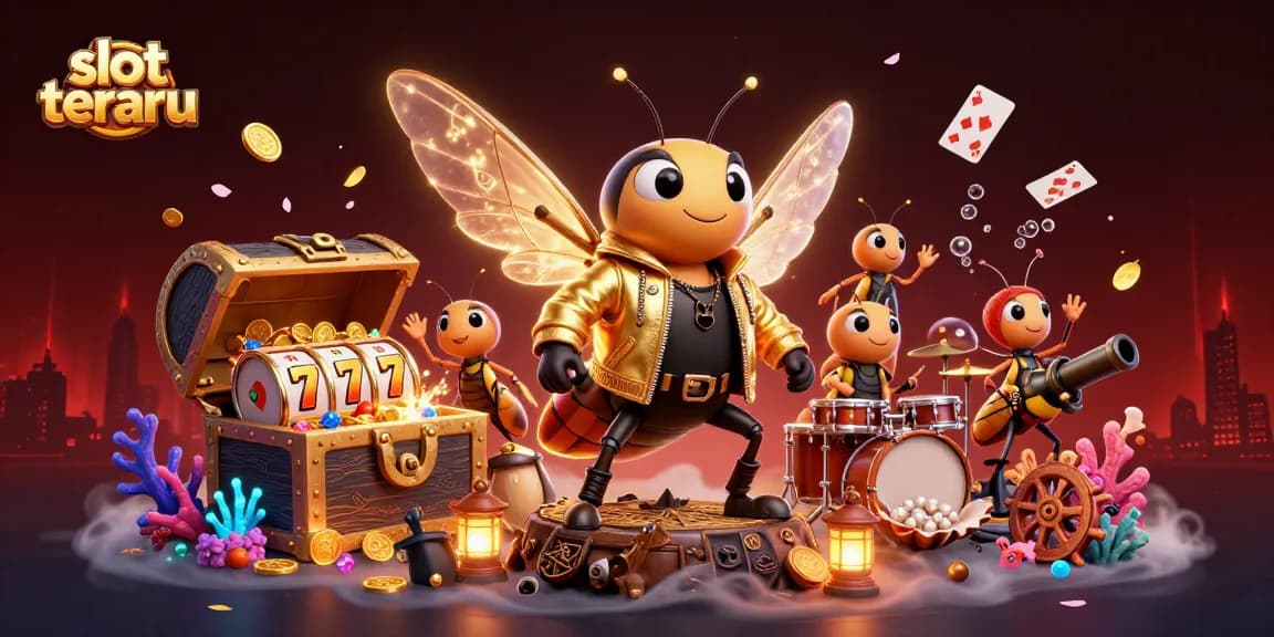 Engaging visual of slot terbaru featuring cartoon characters playing slots with gold coins and colorful gems.