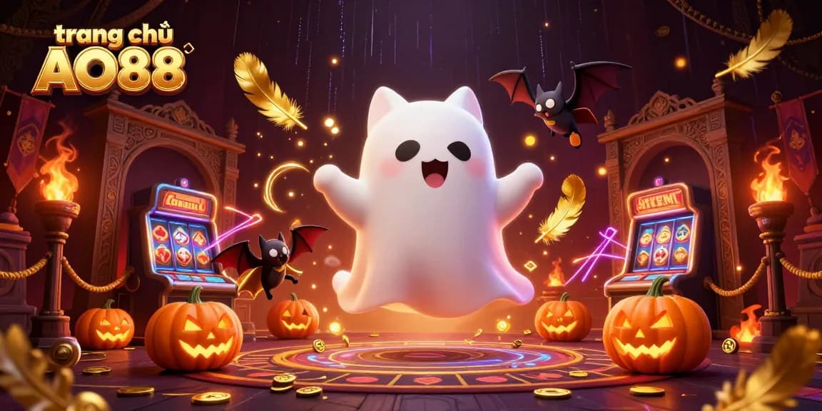 Spin the reels at trang chủ AO88 with a ghostly cat and a golden-caped bat in a haunted casino.
