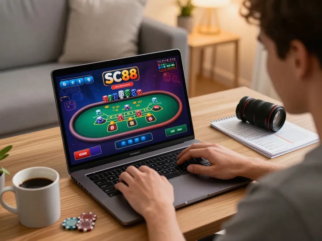 Player engaging with SC88 casino games on a laptop, showcasing excitement in an inviting home setting.
