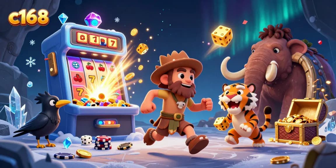 C168 casino illustration with a caveman, saber-tooth tiger, and scores of coins bursting from a slot machine.