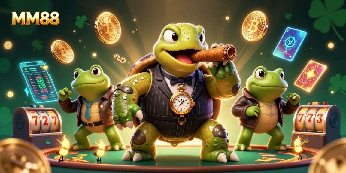 Join MM88 for a thrilling slots experience with a cartoon turtle and frog enforcers in a vibrant casino scene.
