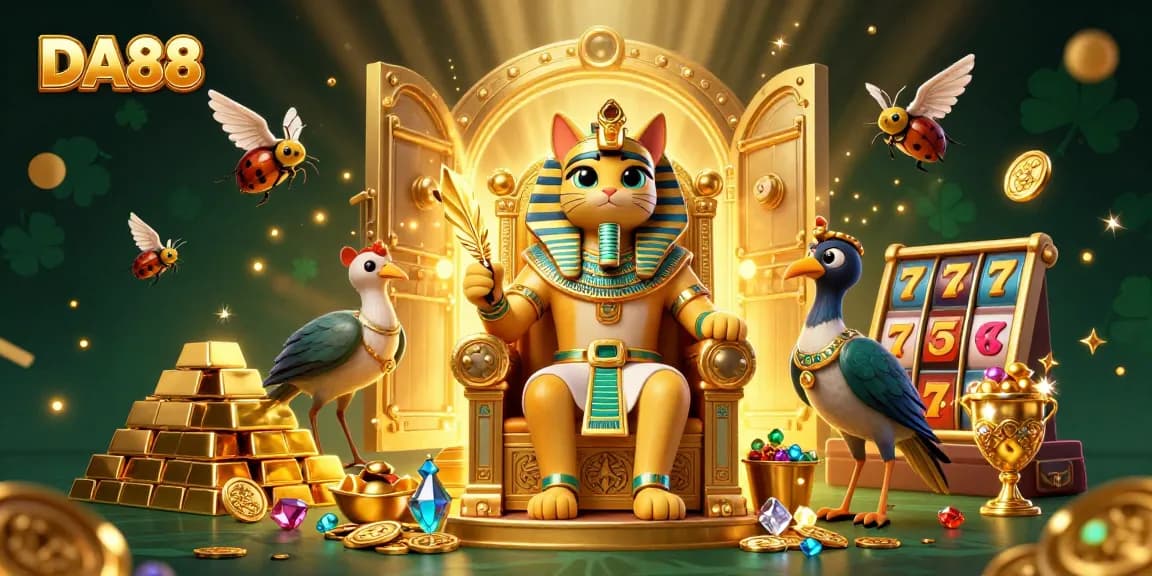 Spin the reels and win big with DA88 in this vibrant Egyptian-themed casino illustration.