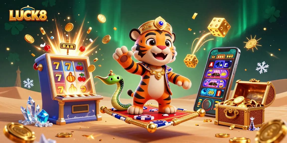 Experience the excitement of LUCK8 with vibrant 3D casino-themed characters and dynamic gaming elements.