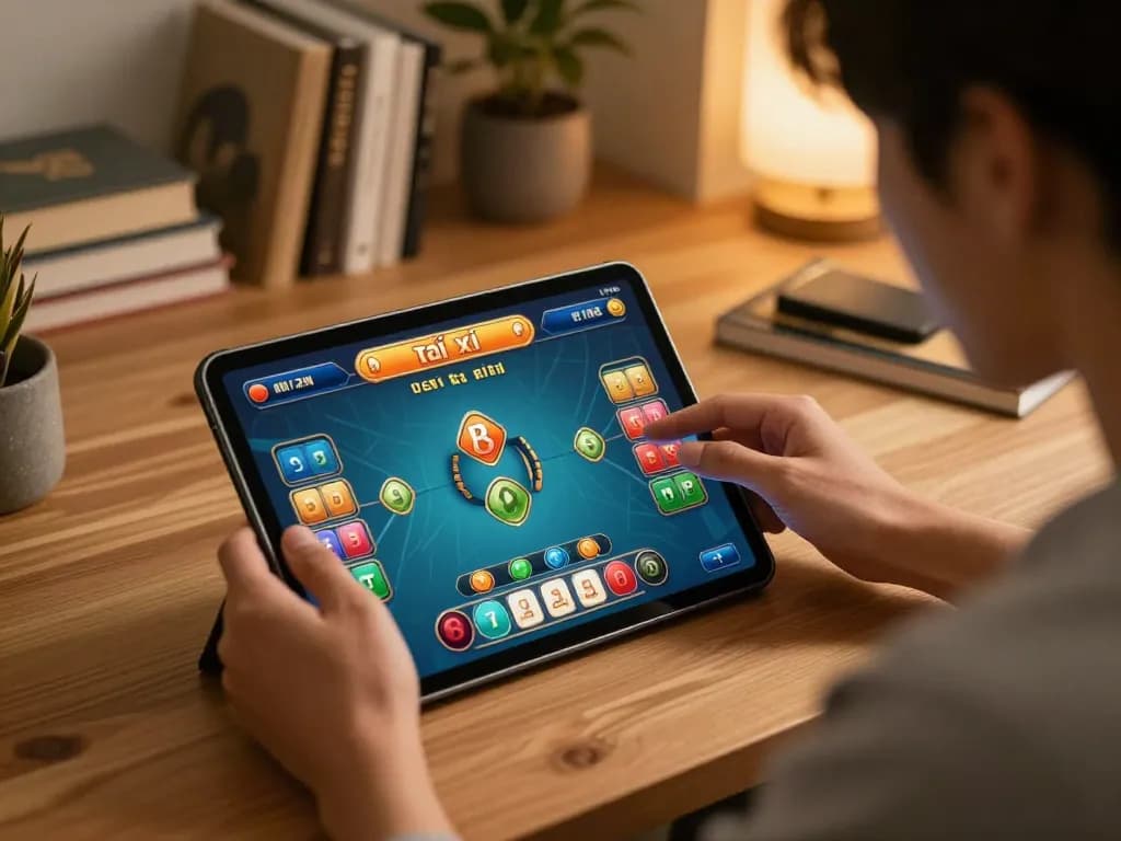 Tài xỉu online uy tín gameplay on tablet, showcasing user strategy in a cozy home setting.