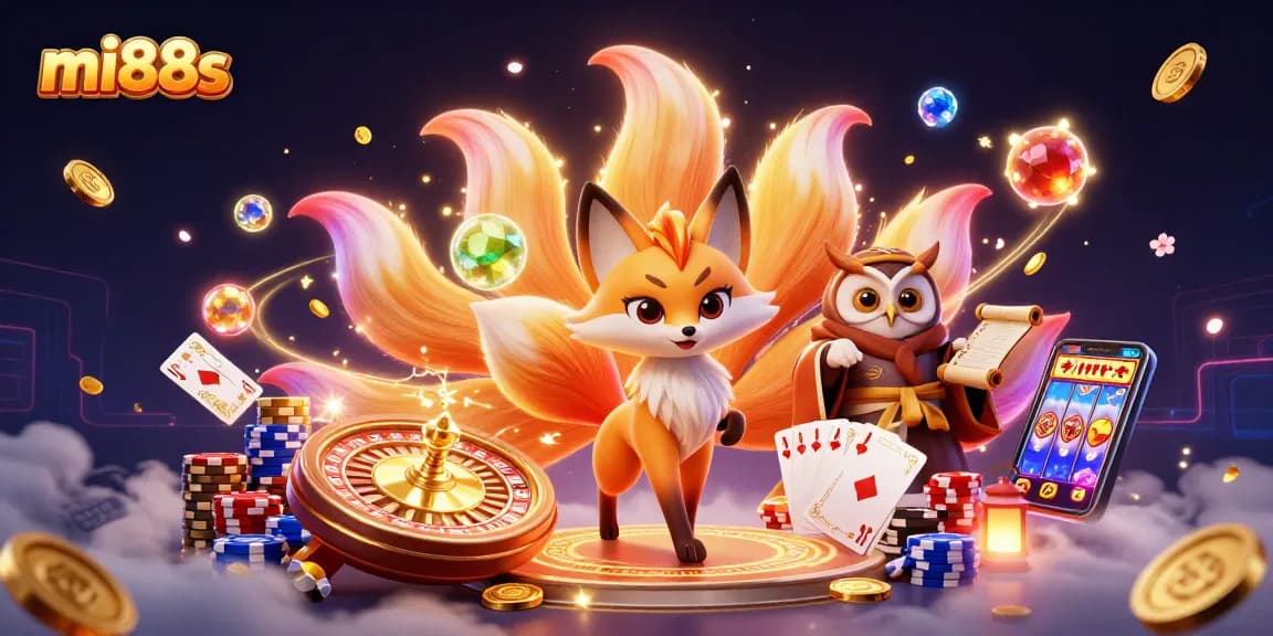 Win big with mi88s in this vibrant 3D casino scene filled with spinning roulette wheels, colorful chips, and lucky charms.