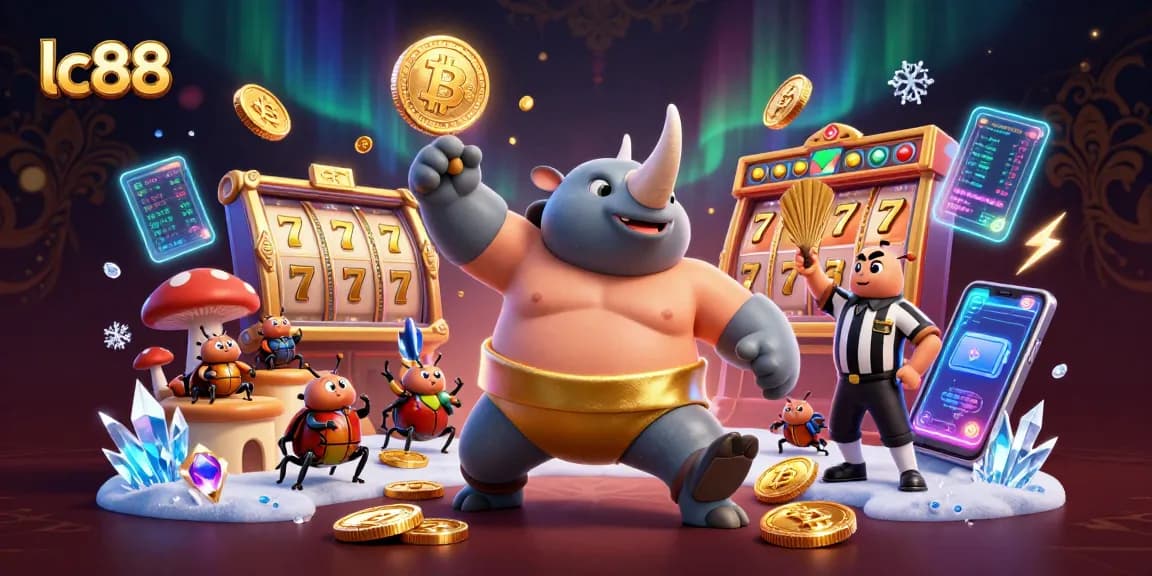 Join the excitement at lc88 with a dynamic casino scene featuring a sumo beetle champion and flying gold coins.
