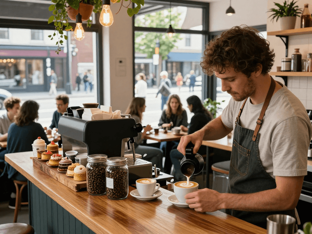 Barista crafting exquisite coffee at a café showcasing 18+ ai ambiance and community vibe.