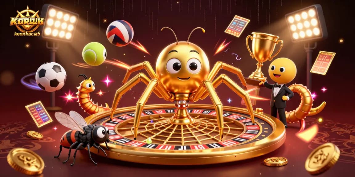 Engage with keonhacai5 as a fly places bets at a vibrant roulette web with energetic sports elements.