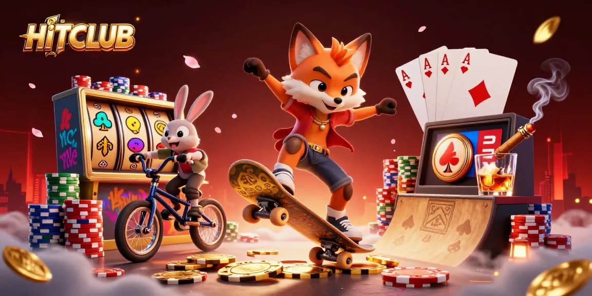 HITCLUB skater fox performing tricks in a vibrant casino-themed illustration
