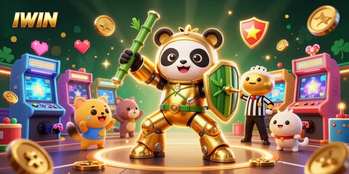 IWIN engages players in a vibrant casino-themed battle featuring a mechanized panda champion.