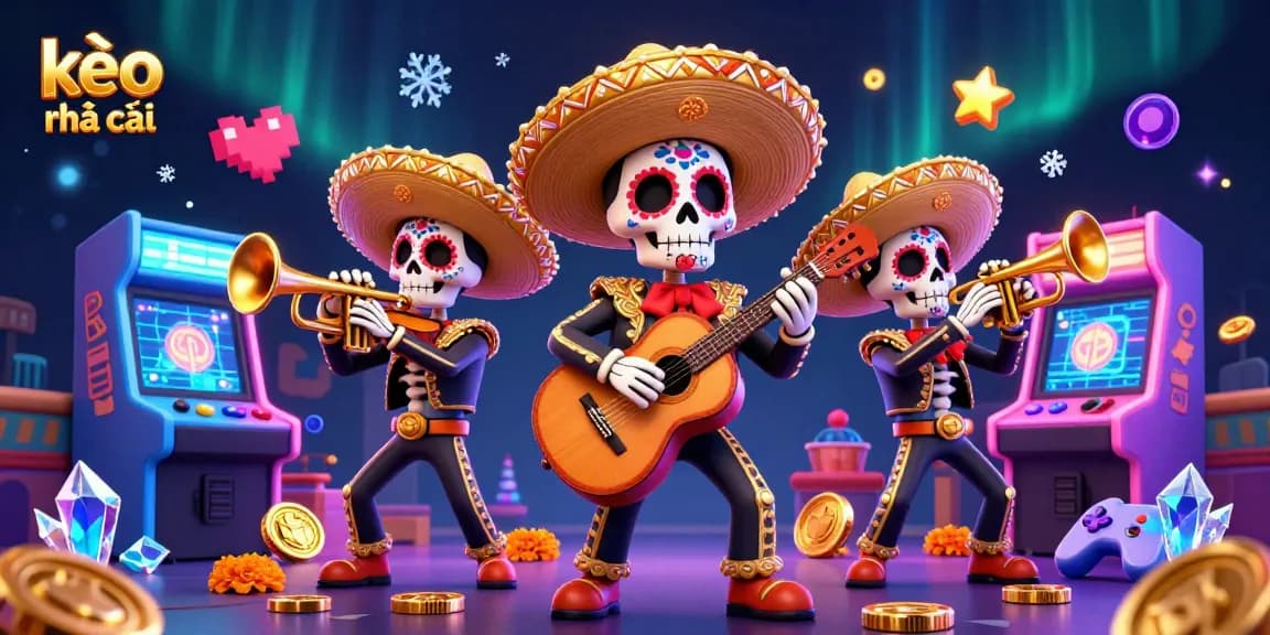 Engaging kèo nhà cái scene featuring colorful mariachi skeletons amidst vibrant casino elements.
