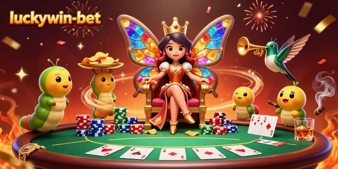 Experience the thrilling gameplay at luckywin-bet with a vibrant casino scene featuring colorful characters and poker elements.