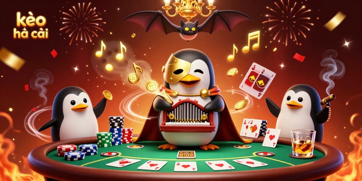 Engage with kèo nhà cái as the 3D penguin plays an organ while golden coins rain down.