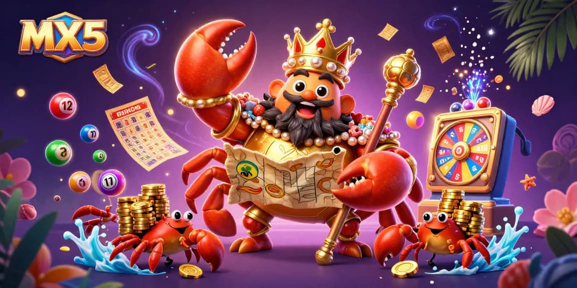 Experience the excitement of MX5 with vibrant gaming elements and a captivating golden crab emperor.