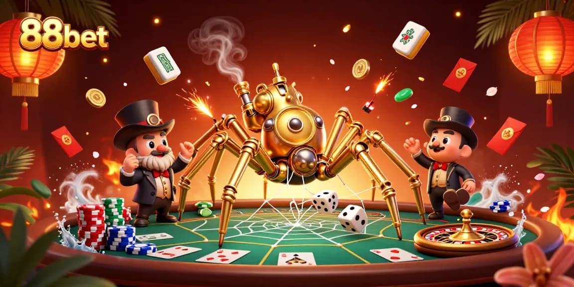 Win big with 88bet in this vibrant steampunk casino scene featuring golden poker elements.