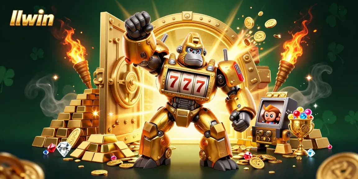 Win big with llwin: a vibrant 3D illustration of a golden gorilla mech celebrating casino jackpots.