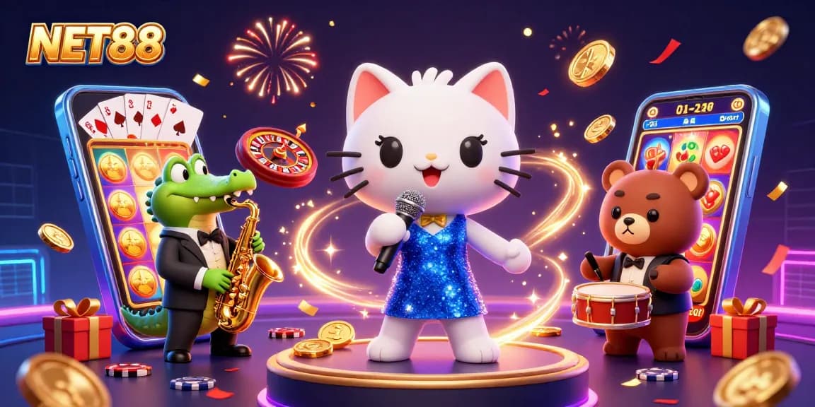 Engage with NET88 for thrilling casino games, featuring a jazz-singer cat and vibrant slot elements.